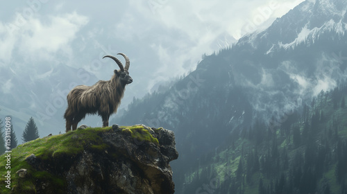 A Markhor stands on a cliff edge overlooking a mountainous valley