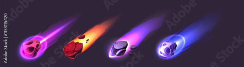 Burning asteroid and comet collection - celestial rocks with luminous trails in different colors, flaming meteors with glowing tails on dark background for space game visual effects or cosmic design.