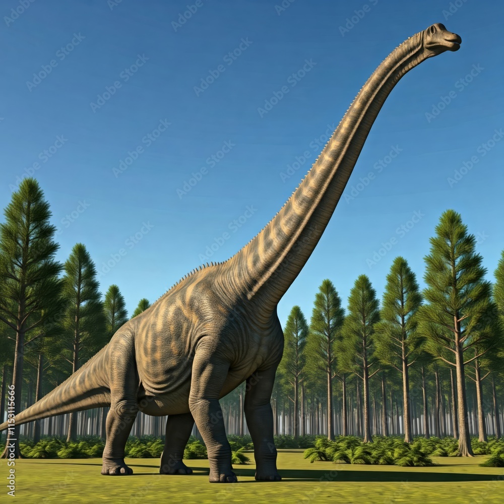 Fototapeta premium Brachiosaurus in prehistoric forest: majestic dinosaur under clear blue sky