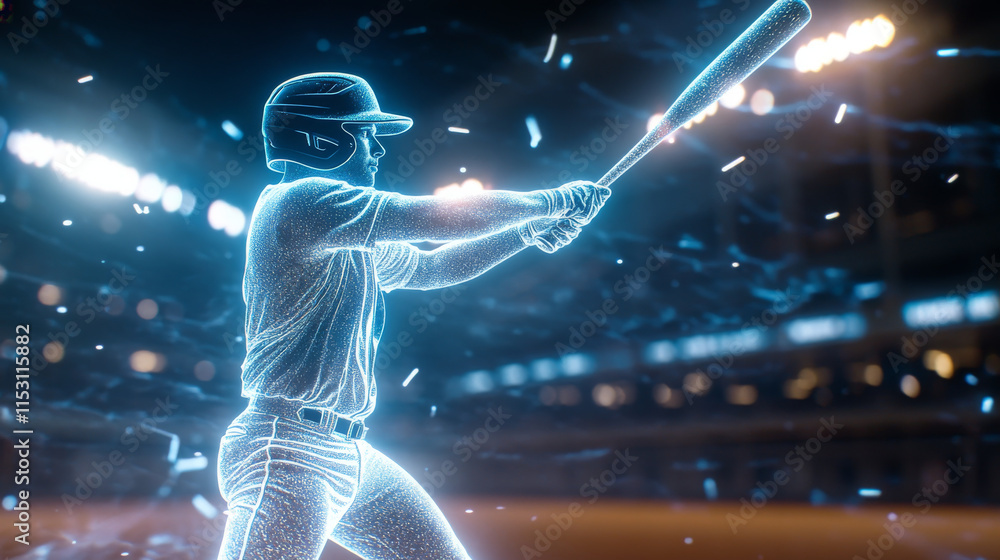 Hologram baseball. A holographic projection of a bat and a ball for baseball. Flickering energy flux of particles. Scientific sports design. Hologram baseball. A holographic projection of a bat and a ball for baseball. Flickering energy flux of particles. Scientific sports design.