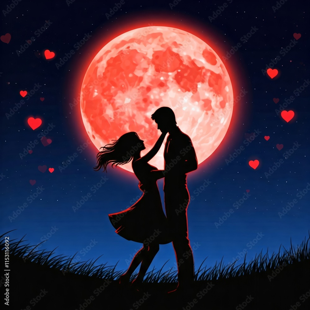 Romantic silhouette of couple under vibrant red moon in night sky Romantic silhouette of couple under vibrant red moon in night sky