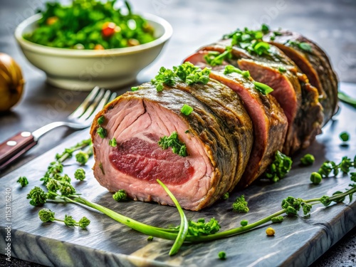 Matambre Recipe: Rolled Flank Steak with Fresh Herbs on Marble photo