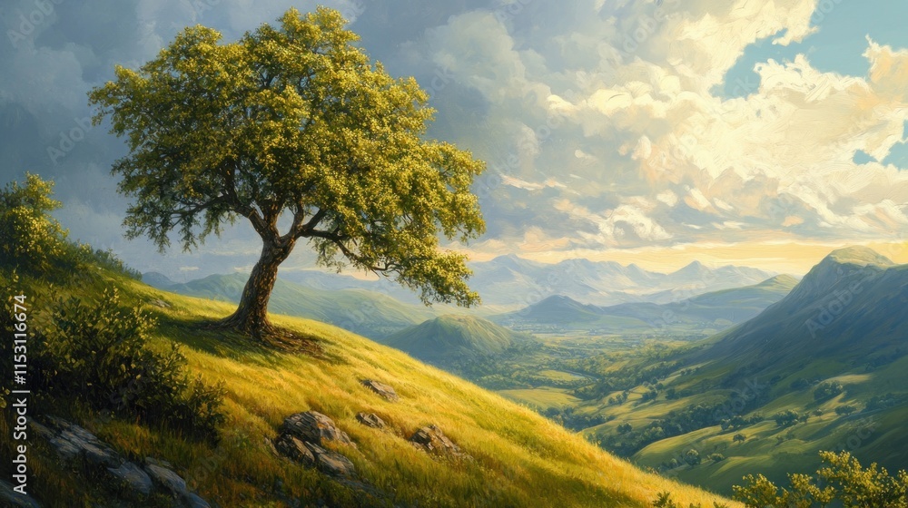 Serene Hilltop Vista: A Solitary Tree overlooking a Breathtaking Mountain Valley Landscape Serene Hilltop Vista: A Solitary Tree overlooking a Breathtaking Mountain Valley Landscape
