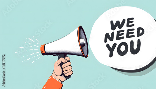 We Need You, Urgent Call, Hand Holding Megaphone with Message, Hiring and Recruitment, We Need You Announcement, Megaphone Recruitment Illustration
