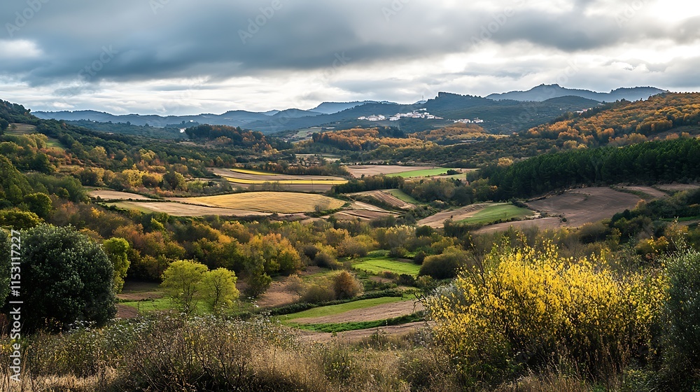 Naklejka premium Stunning Autumnal Valley Landscape Photo: Wide Shot, Serene Hillside Scenery. AI Generated
