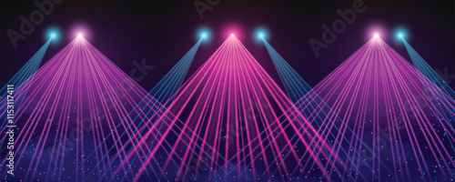 Concert laser lights on stage background. Vector realistic illustration of pink and blue neon illumination for nightclub show, dance party, disco or music show backdrop, podium with shimmering effect