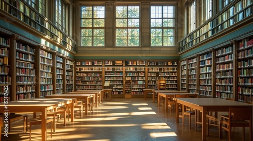 A serene library interior with wooden tables and shelves filled with books  illuminated by sunlight.