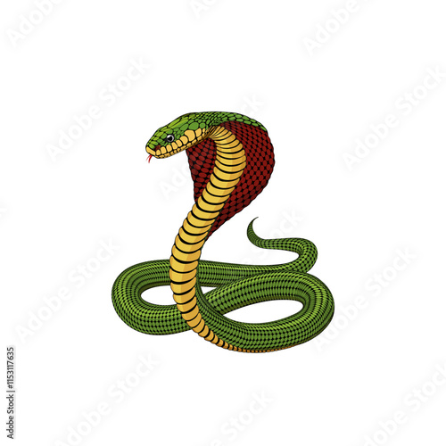 vector snake. green and yellow cobra with red hood. realistic animal design. hand drawn layered illustration.