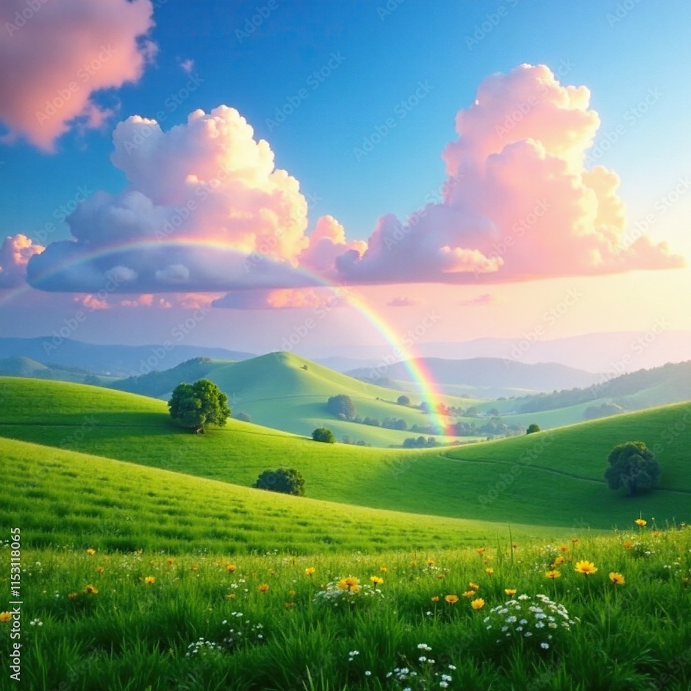 Obraz premium dreamlike landscape with undulating hills and a hint of rainbow, dreamy, landscape