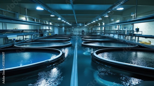 Industrial Fish Farm Interior with Rows of Circular Tanks