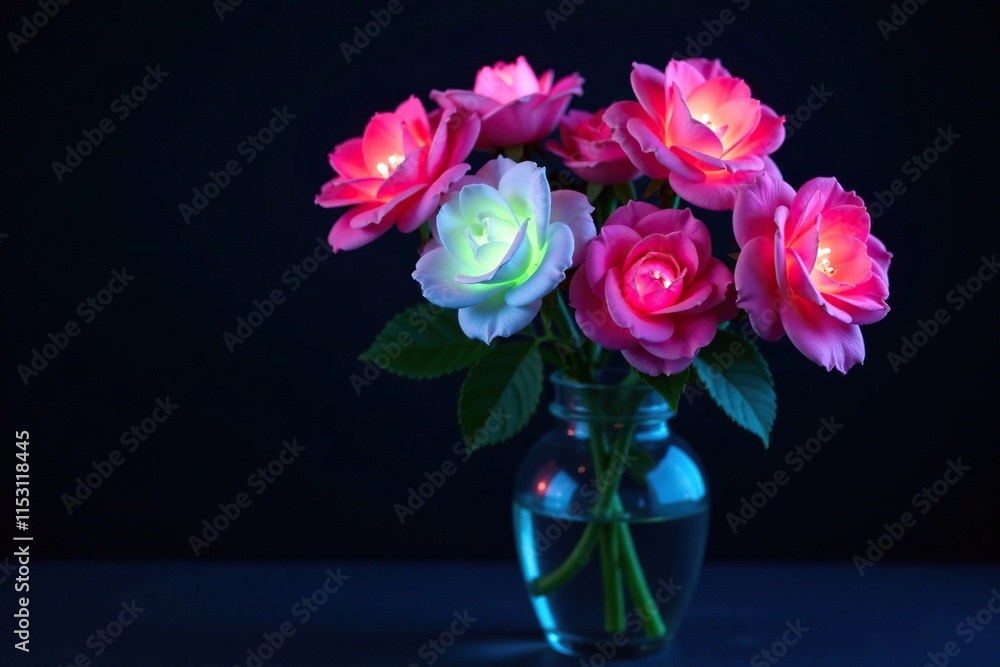 Fototapeta premium Floral arrangement of bioluminescent roses in a dark glass vase, soft lighting, bioluminescent flowers