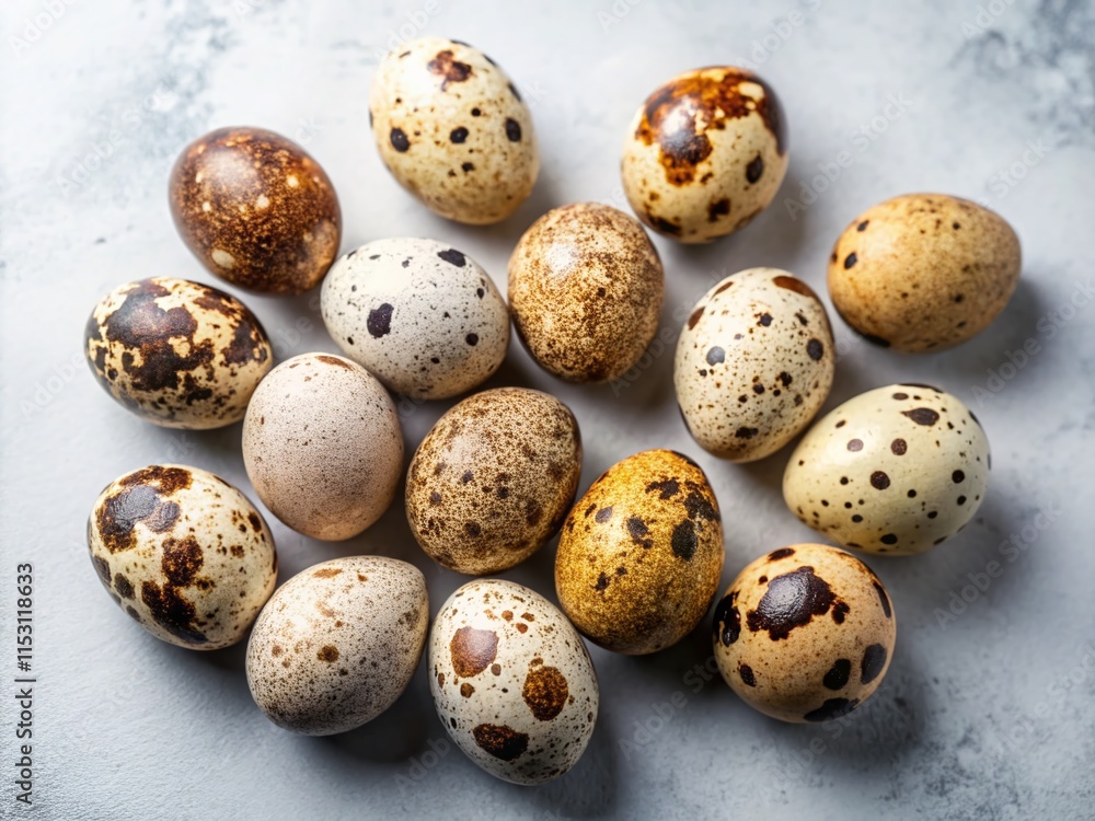 Exquisite Quail Eggs Overhead Shot: White & Grey Background Stock Photo Exquisite Quail Eggs Overhead Shot: White & Grey Background Stock Photo