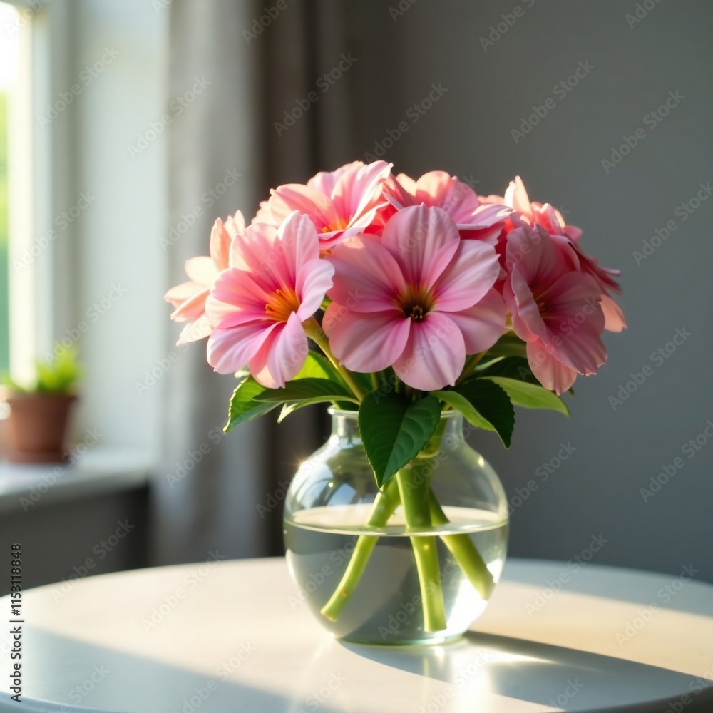 Obraz premium Gentle morning light highlights pink flower arrangement in a vase, flowers, serene, morning
