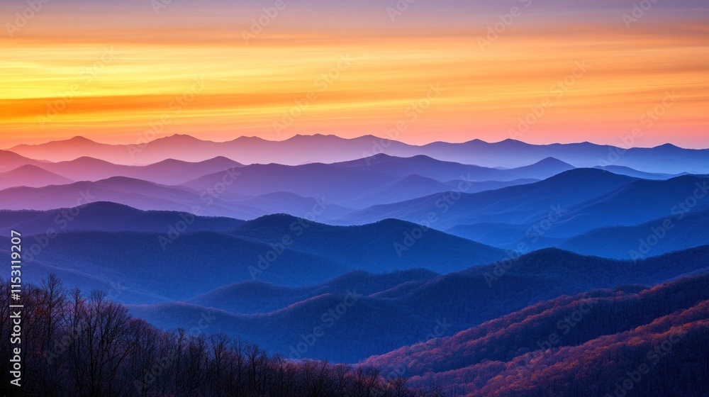 A serene mountain landscape at sunset, showcasing layers of hills in vibrant colors. A serene mountain landscape at sunset, showcasing layers of hills in vibrant colors.