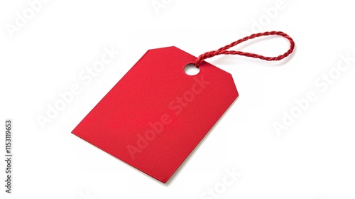 White background with eye-catching red discount tag, prominent price reduction symbol for attracting shoppers, big red tag showing savings opportunity, essential for retail marketing and sales promoti photo