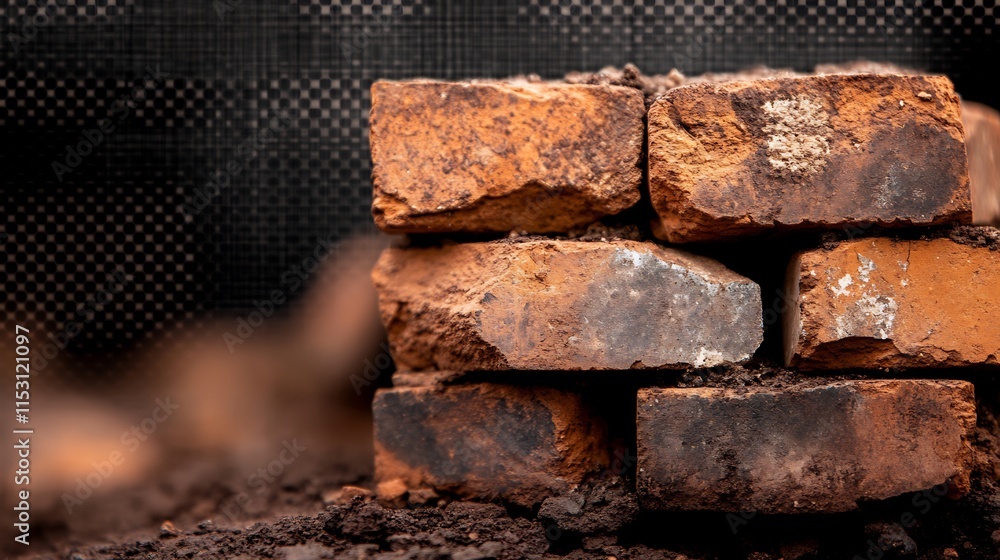 A Close-Up View of Stacked Rustic Bricks Against a Blurred Background A Close-Up View of Stacked Rustic Bricks Against a Blurred Background