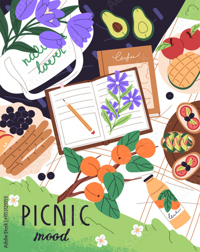 Postcard design with summer picnic on lawn. Card with food, snacks, drinks, fruits on blanket outdoors. Romantic date, breakfast, eating at nature on vacation, weekends. Flat vector illustration