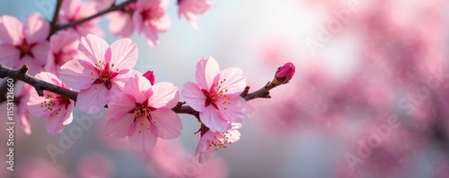 Soft pink blossoms sway gently on a delicate twig in the breeze, floral details, branches