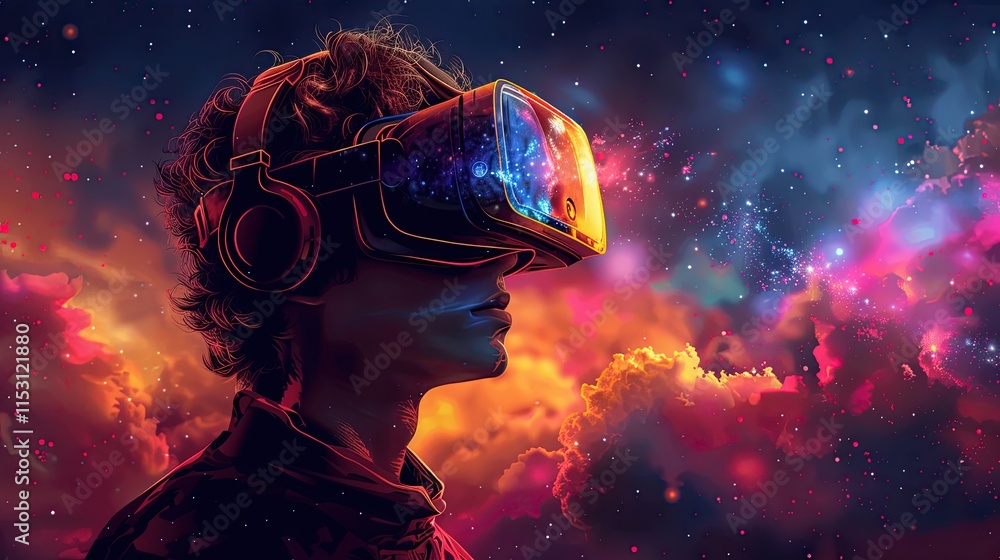 A person wearing a VR headset surrounded by an exciting digital universe A person wearing a VR headset surrounded by an exciting digital universe
