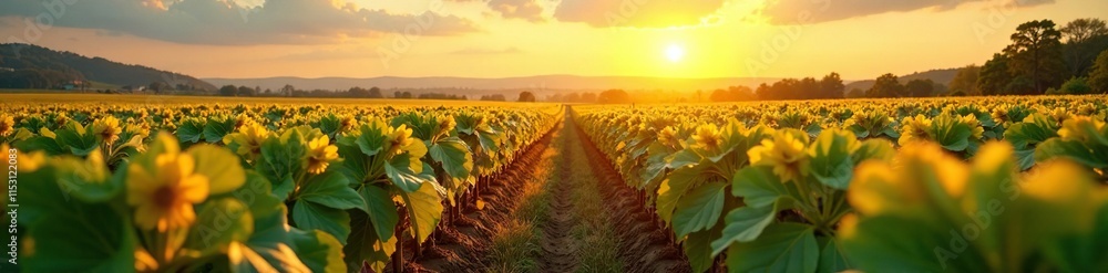 Fototapeta premium Sun-drenched tobacco fields stretch towards the sky, golden, tobacco