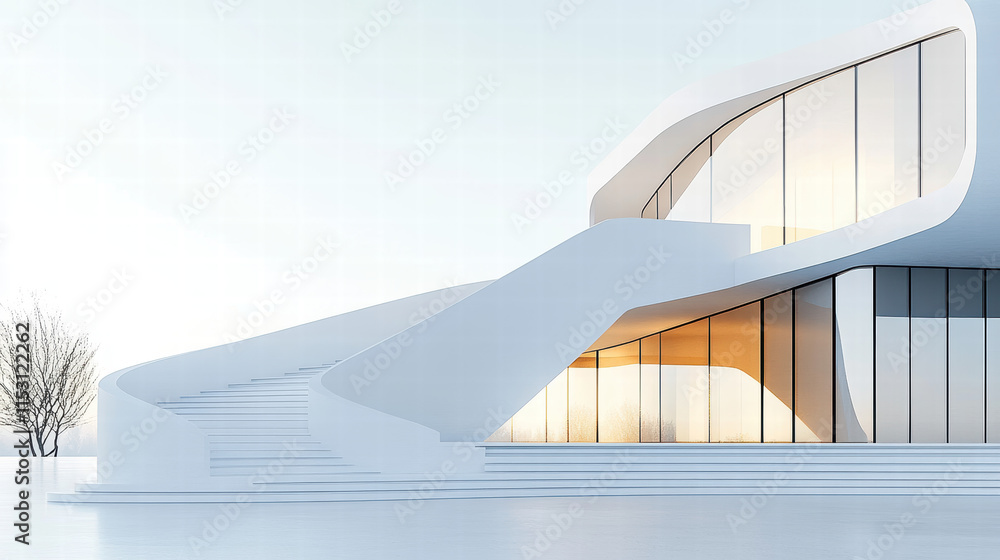 Fototapeta premium Modern white building with curved walls and stairs, exterior view, architectural rendering, minimalist style