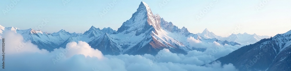 Fototapeta premium Towering mountain peak shrouded in mist and clouds, snowy landscape, misty mountains