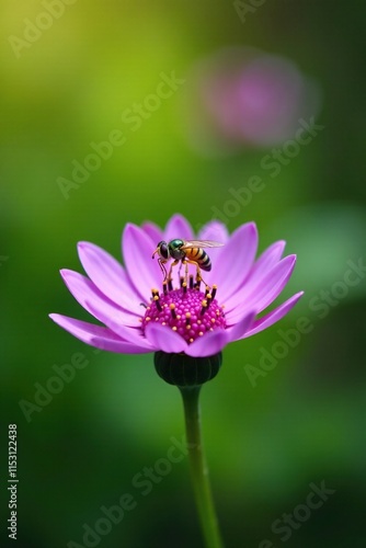 Tiny hover fly alights on purple flower petals, nature, flower photo