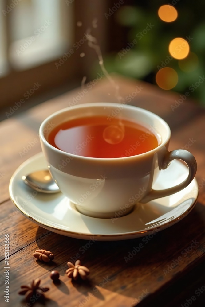 Warm golden tea fills teacup on wooden surface, teacup, warmth, cozy Warm golden tea fills teacup on wooden surface, teacup, warmth, cozy