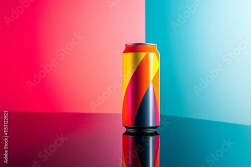 Dynamic Still-life of Bright Energy Drink Can with Futuristic Design on Reflective Surface photo