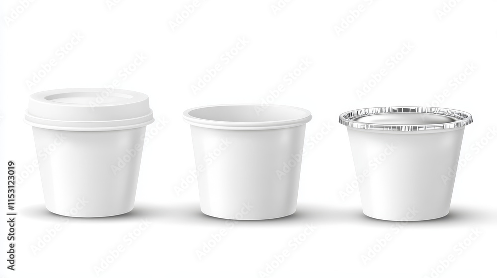 Plastic yogurt cup mockup. Realistic vector illustration set of white closed and open package for cream products. Template of blank round container with foil cap for dairy dessert or cheese. Plastic yogurt cup mockup. Realistic vector illustration set of white closed and open package for cream products. Template of blank round container with foil cap for dairy dessert or cheese.