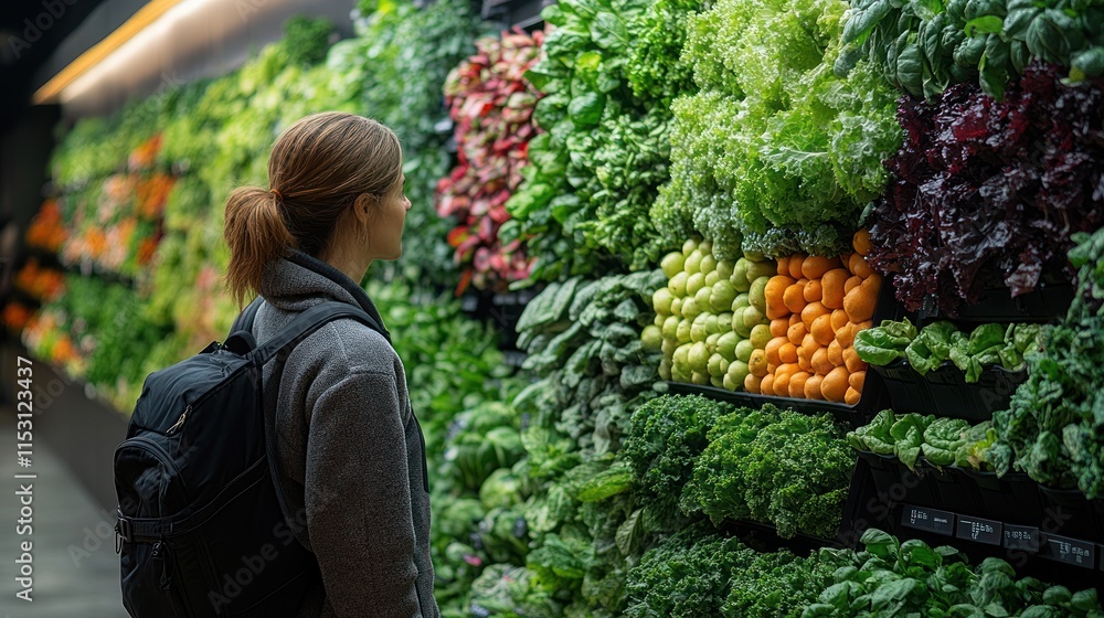 A person examines a vibrant display of fresh vegetables in a grocery store. A person examines a vibrant display of fresh vegetables in a grocery store.