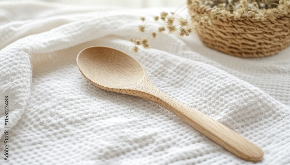 Wooden Spoon on White Textured Fabric: Minimalist Kitchenware Photography Wooden Spoon on White Textured Fabric: Minimalist Kitchenware Photography
