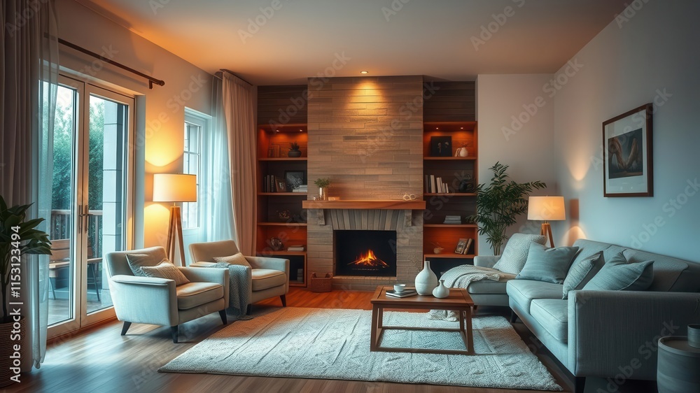 Cozy living room with warm lighting creating a soft and inviting atmosphere, ambiance, room Cozy living room with warm lighting creating a soft and inviting atmosphere, ambiance, room
