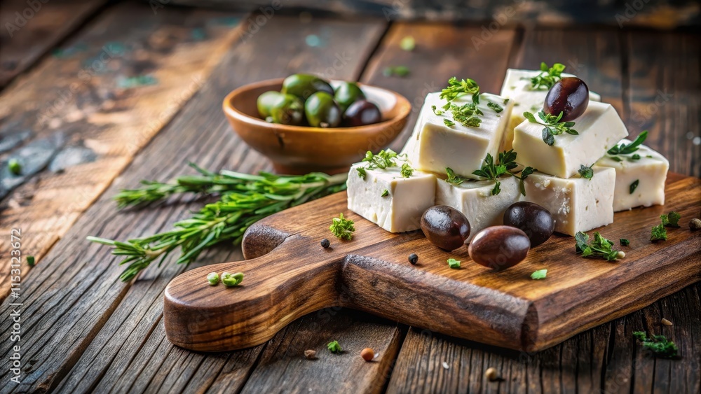 Feta cheese wedges with thyme and olives on a rustic wooden board, food, feta, food, feta Feta cheese wedges with thyme and olives on a rustic wooden board, food, feta, food, feta