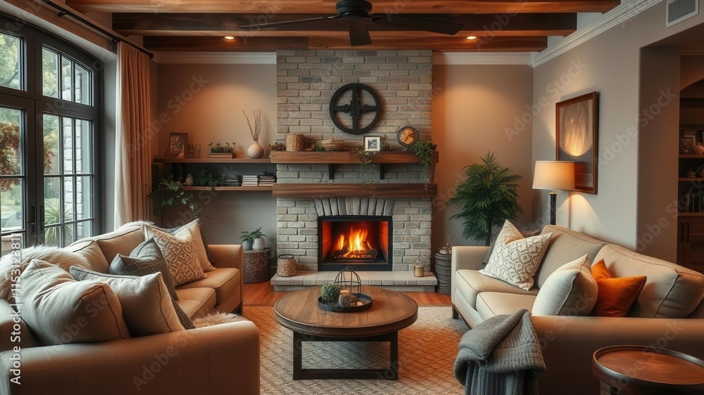 Fototapeta premium Cozy living room with warm tones, plush furniture, and a crackling fireplace, plush, comfort