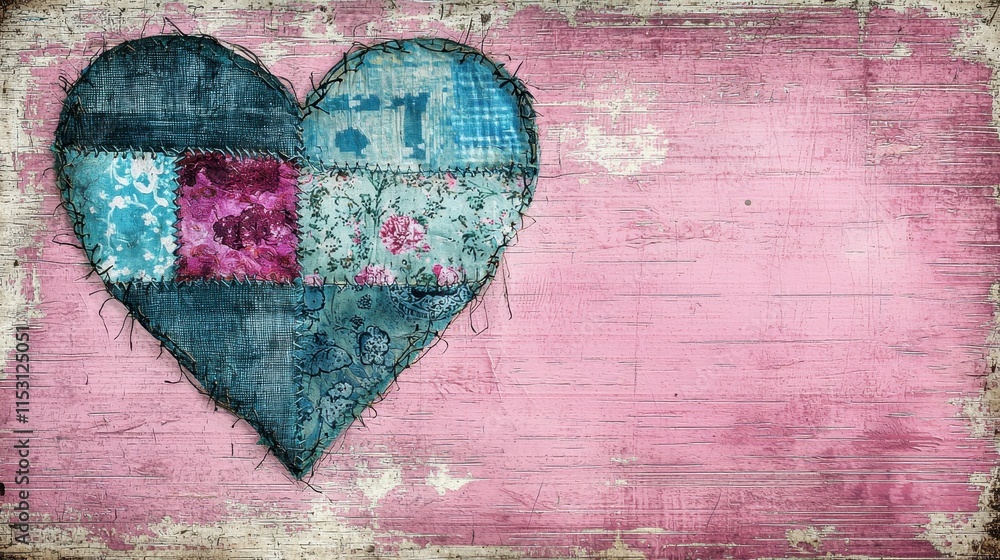 Fototapeta premium whimsical heart illustration with patchwork details, stitches, and fabric textures on a vintage pink background 