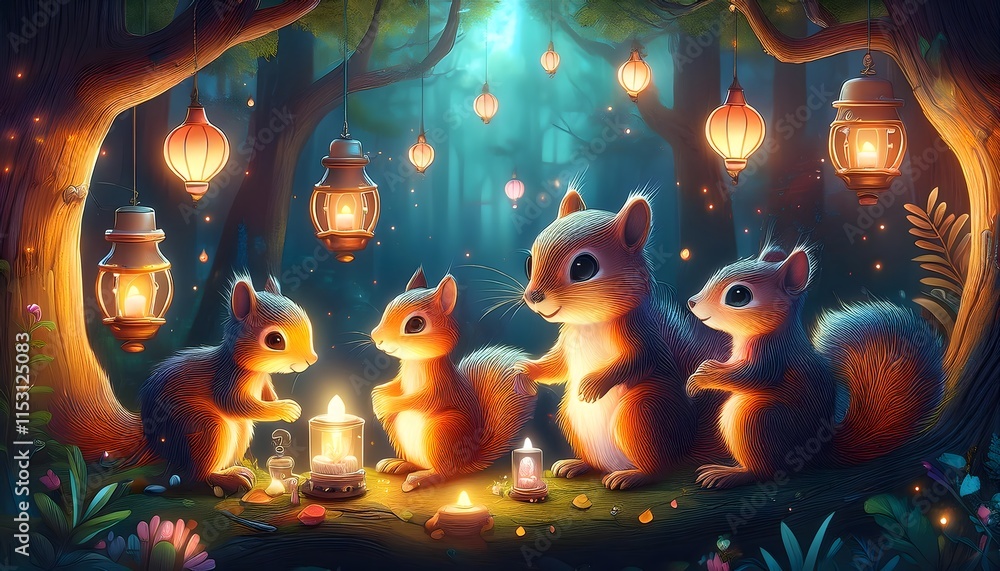Magical village of squirrels crafting potions in treehouses, surrounded by sparkling floating Magical village of squirrels crafting potions in treehouses, surrounded by sparkling floating