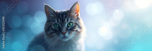 Soft and dreamy depiction of a cat in cool blues and purples with hazy light photo