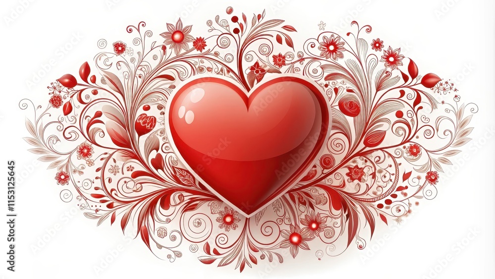 Red Heart Shape on White Background with Floral Elements, valentines day background Red Heart Shape on White Background with Floral Elements, valentines day background