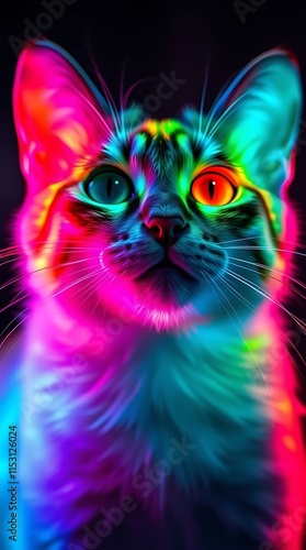 Cat glowing with vibrant bioluminescent colors in a balanced light setting