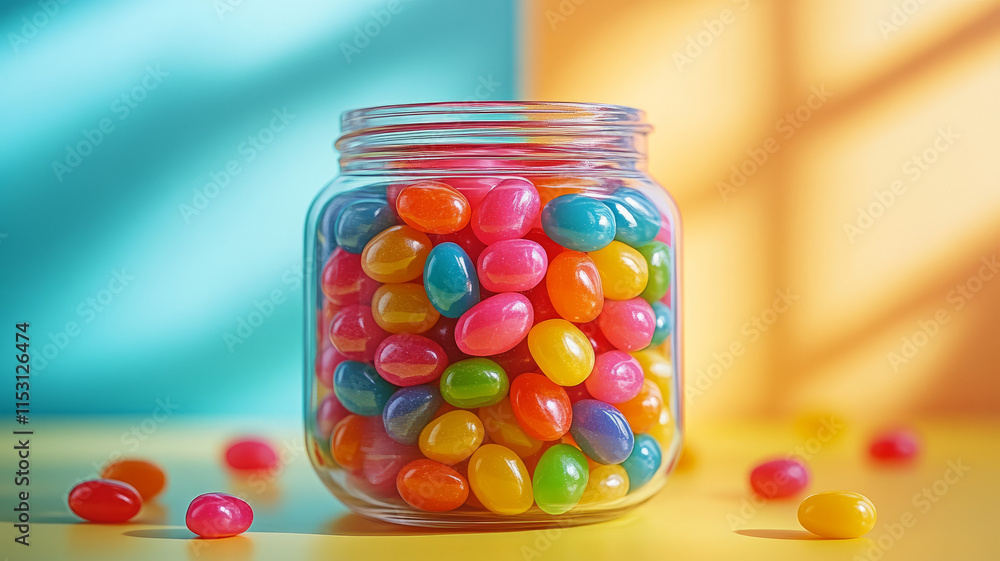 Jar filled with colorful jellybeans on a bright background. Jar filled with colorful jellybeans on a bright background.