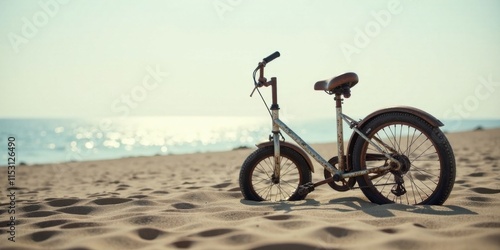 Rusty bicycle resting on a sandy beach near the ocean, bathed in sunlight