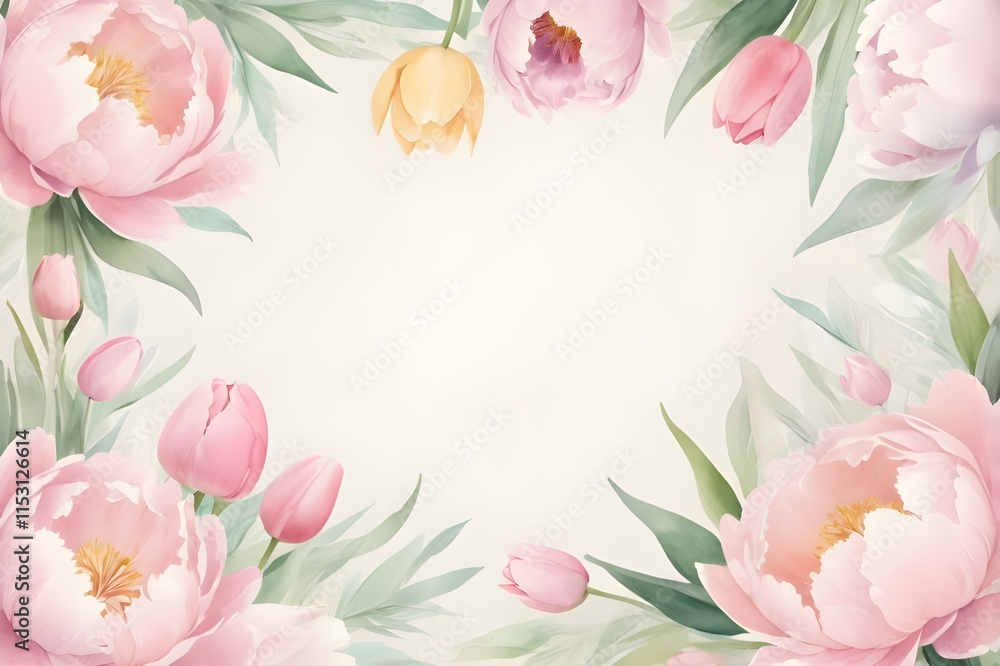 pink roses and tulips background. pastel floral frame pink roses and tulips background. pastel floral frame
