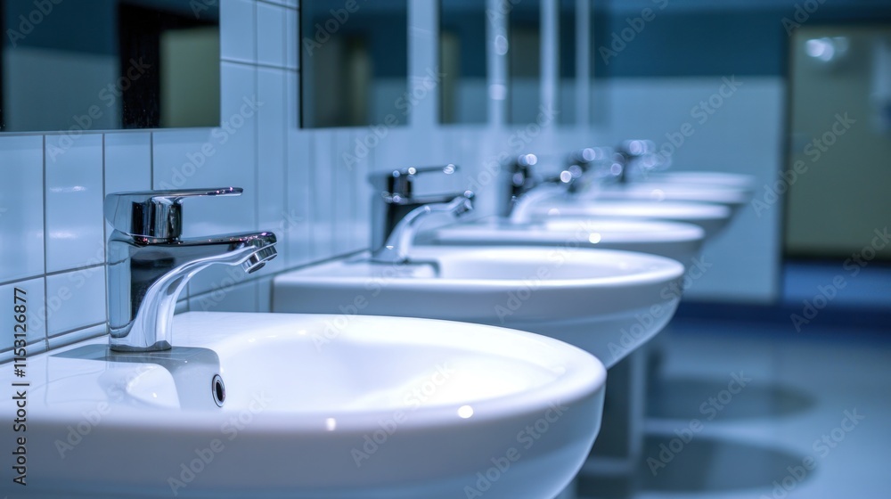 Row of Bathroom Sinks in a Modern Public Restroom Row of Bathroom Sinks in a Modern Public Restroom