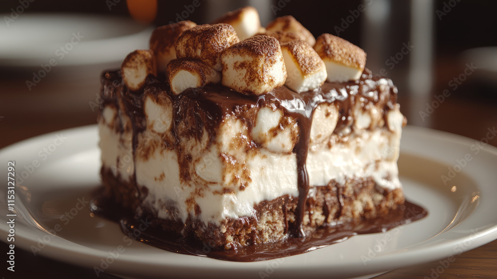 A slice of chocolate marshmallow cake on a plate. A slice of chocolate marshmallow cake on a plate.