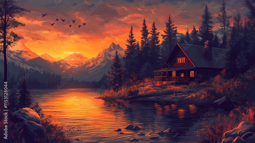 Fototapeta premium Mountain Cabin Sunset Lakeside Serenity