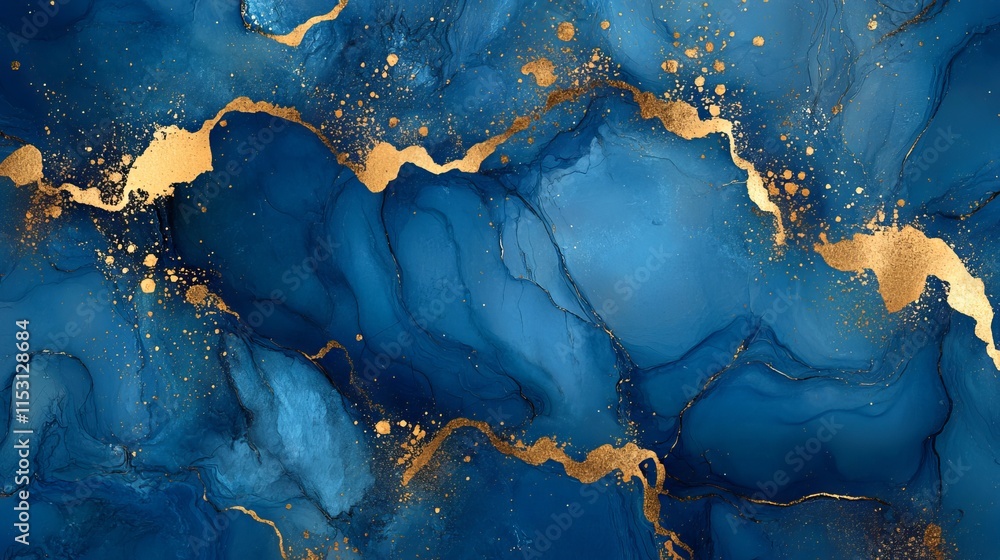 Luxurious abstract blue marble texture with shimmering gold splashes on rich blue background for elegant design and high-end creative projects