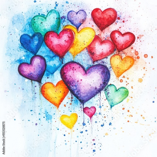 Multicolored Watercolor Hearts on White Background