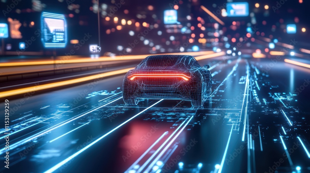 Fototapeta premium Digital Car Navigating a Futuristic Cityscape