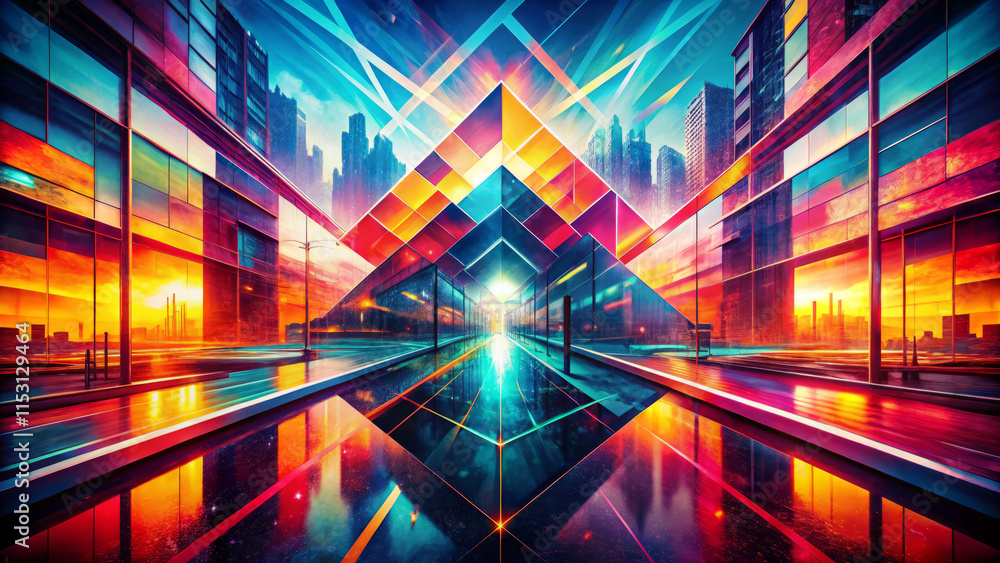 Vibrant cityscape with bold lines and surreal dual exposures, showcasing chromatic architectures and striking reflections. captivating blend of colors and geometric shapes Vibrant cityscape with bold lines and surreal dual exposures, showcasing chromatic architectures and striking reflections. captivating blend of colors and geometric shapes